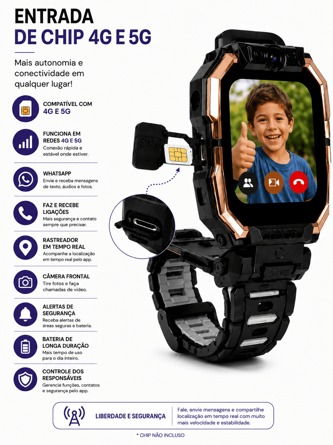 Smartwatch Infantil 4G/5G Resistente à Água com WhatsApp e Câmera