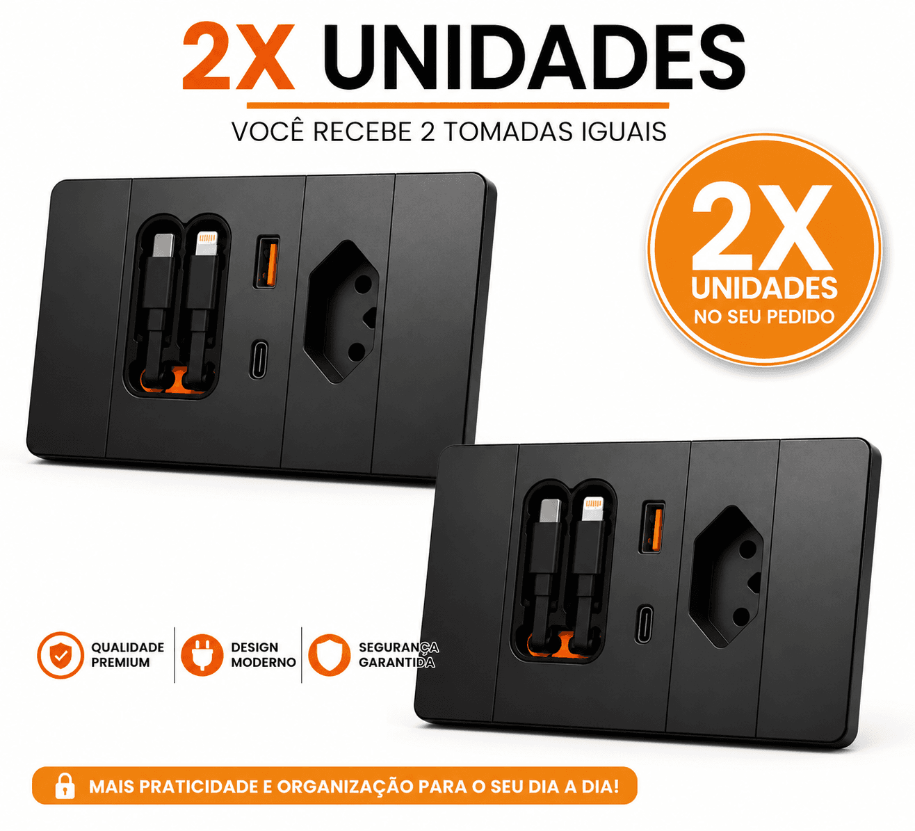 Kit com 2 Tomadas Inteligentes com Cabos Retráteis Tipo C e Lightning